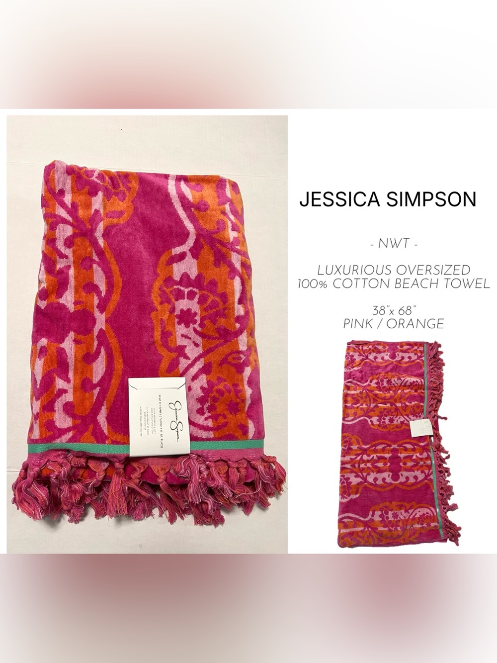 JESSICA SIMPSON - NWT - PINK / ORANGE LUXURIOUS OVERSIZED COTTON BEACH TOWEL
